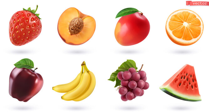 Fruits and berries, high quality realistic vector set. Strawberry, peach, mango, orange, apple, banana, grapes, watermelon