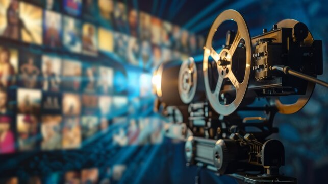 A vintage film projector merging with a digital streaming platform, symbolizing the fusion of classic cinema with modern online entertainment