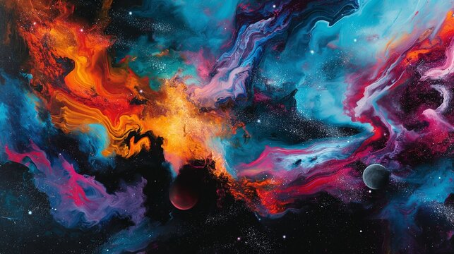 Abstract cosmic scene with vibrant swirls depicting a colorful nebula and distant planets.