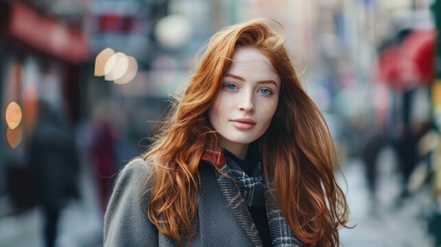 Woman with long red hair and scarf standing in the middle of city street urban fashion beauty shot