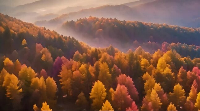 Aerial shot of red and yellow autumn trees foggy mountains and warm morning sun UHD 4K