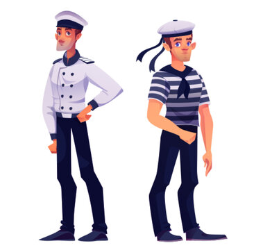 Ship captain and sailor man in white and blue stripped uniform and hat. Cartoon vector illustration set of young male cruise team characters. Nautical boat commander and seafarer people mascot.