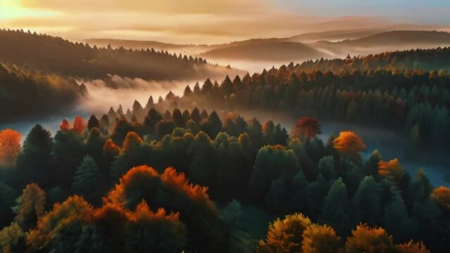 Majestic Mist Forest Aerial View. Sunrise in Misty Countryside. Magical Fog to Horizon. Epic Amazing Nature Landscape. Amazing Aerial View of Foggy and Colorful Trees on Sunrise. Autumn Fog Landscape.