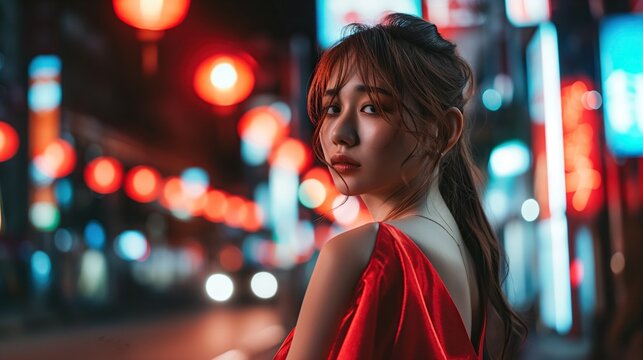 portrait of beautiful Japanese fashion model wearing luxury high fashion dress on the street at night. Fashion beauty shooting of gorgeous Asian model closeup. Young beautiful woman posing over night.