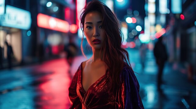 portrait of beautiful Japanese fashion model wearing luxury high fashion dress on the street at night. Fashion beauty shooting of gorgeous Asian model closeup. Young beautiful woman posing over night.