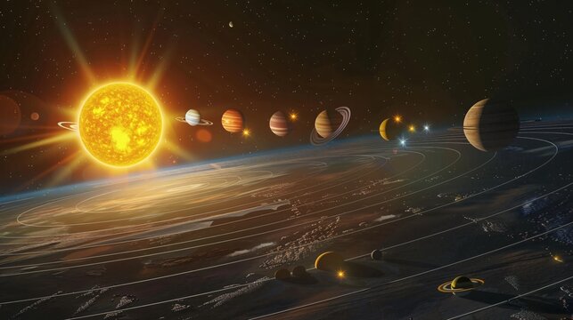 An artistic depiction of a planetarium featuring the solar system and universe
