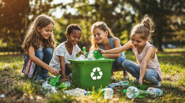 Children learning about recycling outside the classroom with a green recycle bin. A lesson about environmental cleaning or protection, separating wastes. Kid's charity activity.