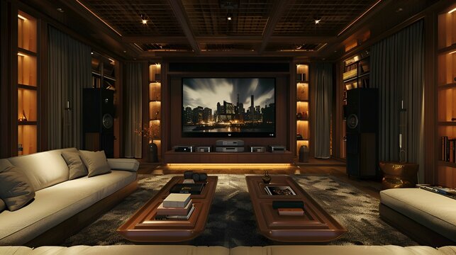 A luxurious home theater room with a large screen, comfortable sofas, wooden shelves, and ambient lighting, creating a cozy and sophisticated entertainment space.