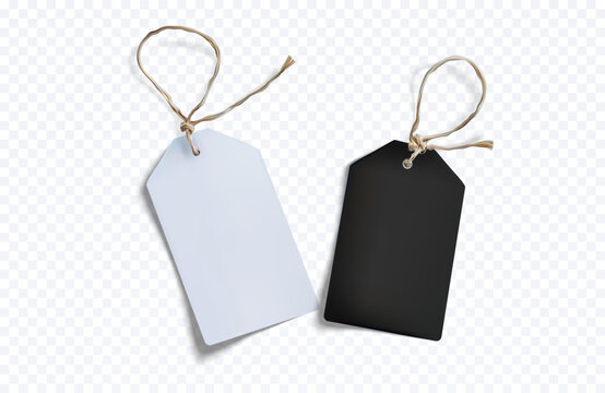 These meticulously designed vector tags feature a white and a black tag with rustic strings, ideal for branding, labels, and price tags on a transparent background.