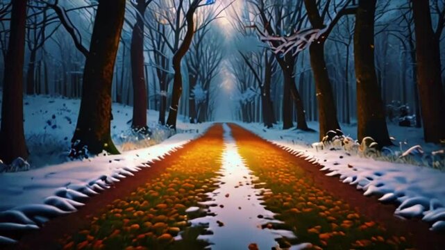 A journey through the changing seasons within a single enchanted forest, where spring blossoms give way to summer greenery, autumn leaves, and finally, a blanket of snow in winter, 4K Animation video