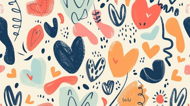 Hand drawn seamless pattern with various elements like hearts spots and shapes with space for text