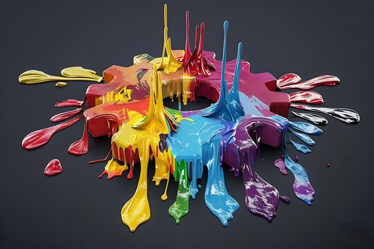 A vibrant paint palette dripping onto a canvas shaped like a gear, representing artistic creation and collaboration. Ideal for a design team platform.
