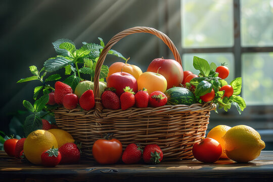 A detailed still life of a fruit and vegetable basket on a dark wooden table, with soft natural light highlighting the produce,