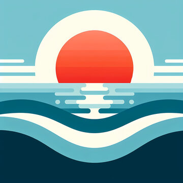 simplified sun setting ocean minimalist style