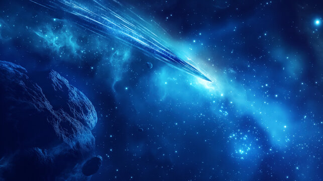 An artistic depiction of a comet speeding through a starry space, with an asteroid foreground.