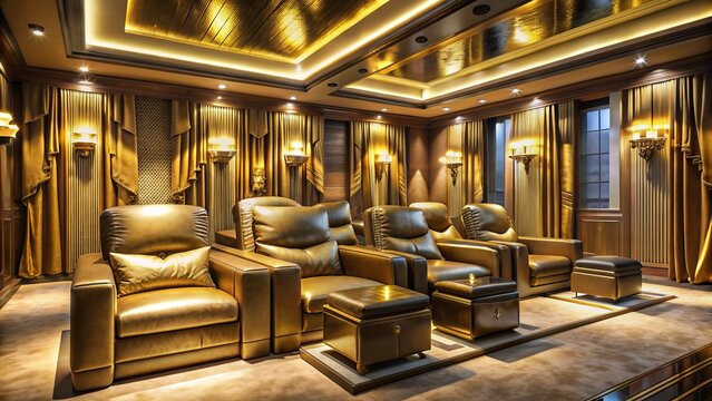 Luxurious movie room featuring opulent gold drapes, lavish plush recliners, and sleek state-of-the-art entertainment system in dimly lit ambiance.