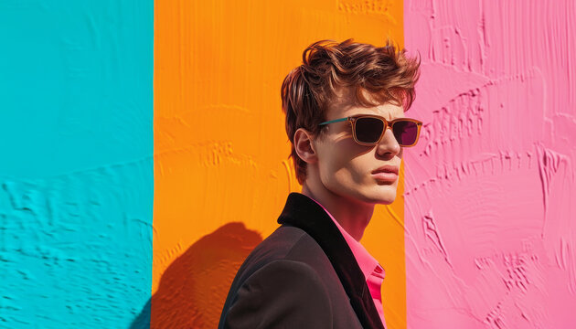 Fashion shooting man model in stylish luxury sunglasses on a minimalistic street wall background. Ideal advertising for accessories eyewear stores.