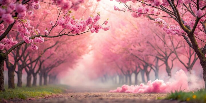 Pink smoke over cherry blossom garden soft floral background in minimalist style , smoke, style, floral, cherry, soft, Pink, over, garden