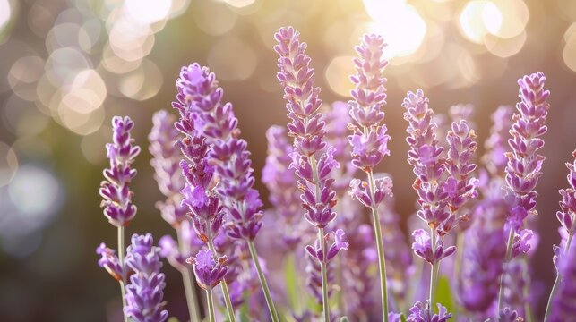 Close up lavender spindles in sunlight with bokeh  minimalist style with empty space, banner