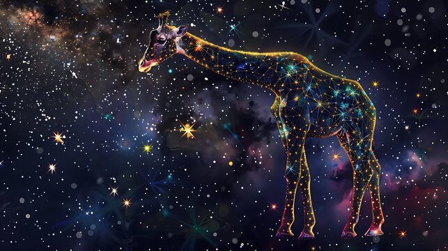 A colorful giraffe silhouette made of stars and constellations on a starry night sky background.
