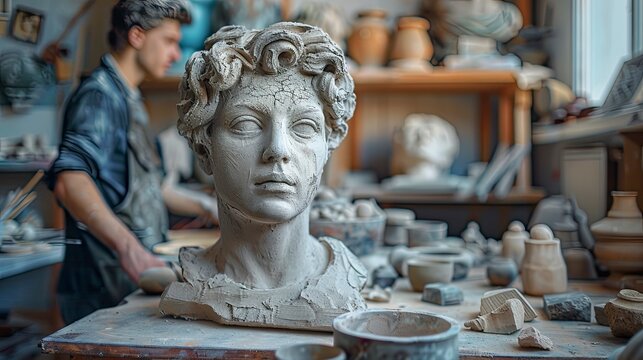 A cozy workshop with someone sculpting clay, a detailed bust in progress, surrounded by sculpting tools, clay, and other artistic creations
