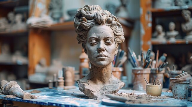 A cozy workshop with someone sculpting clay, a detailed bust in progress, surrounded by sculpting tools, clay, and other artistic creations