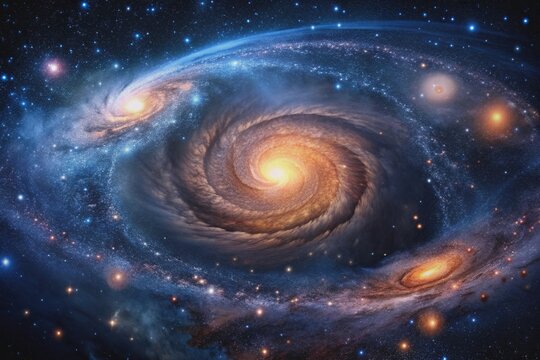 Dark cosmic starry sky with swirling galaxies and shining stars, sky, cosmic, shining, galaxies, dark