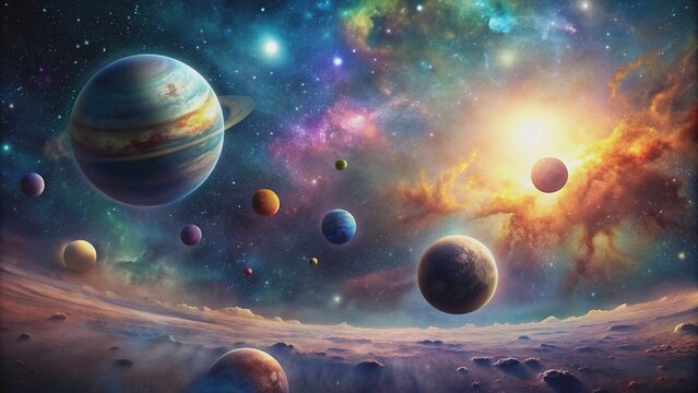 An artistic representation of mysterious, cosmic landscape filled with planets, stars, and galaxies, universe, galaxies, mysterious, planets, cosmic