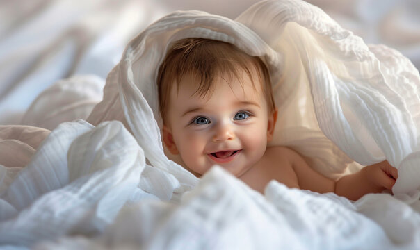 特写镜头下，一个快乐的婴儿在白色毯子下，留空白区域，生成式人工智能创作