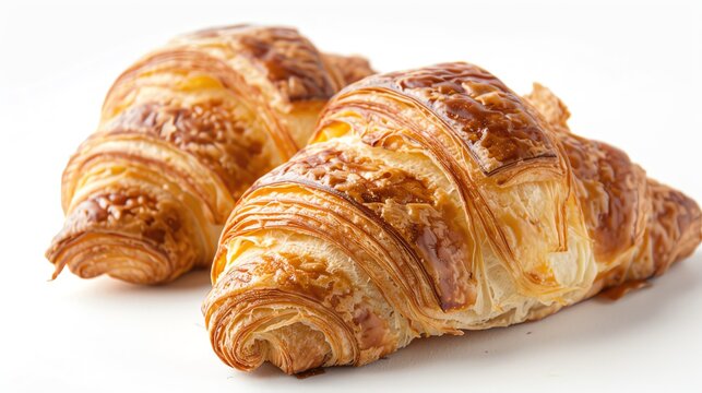 完美烘焙的牛角面包，有着黄油般的金色外皮，孤立于白色背景上，令人垂涎欲滴