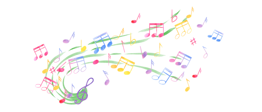 多彩的音符、高音谱号。音符在音乐的波浪中飞舞。音符符号的彩虹色。国际音乐日。经典风格的水彩插画。用于海报、明信片