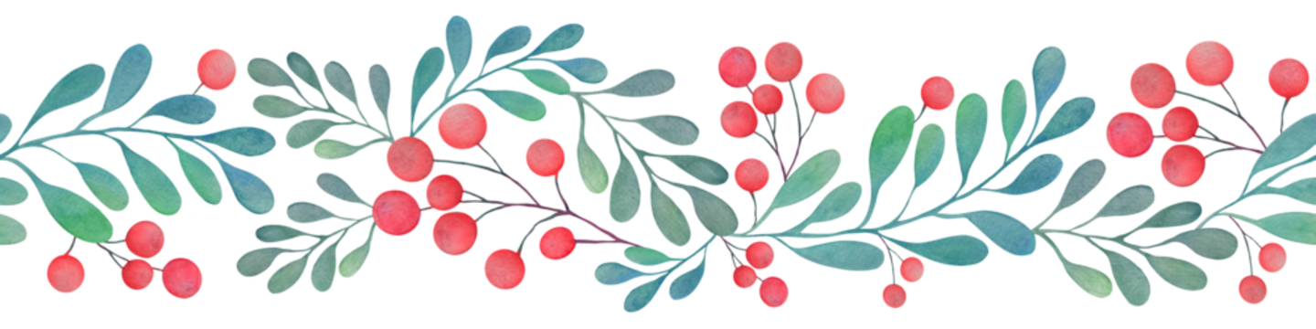 带有槲寄生、圣诞树树枝的圣诞水彩概念无缝图案，在透明背景上隔离