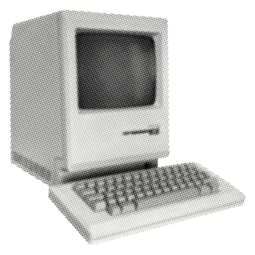 20 世纪 80 年代的复古个人电脑，带显示器、黑屏、键盘，复古半色调拼贴元素孤立呈现