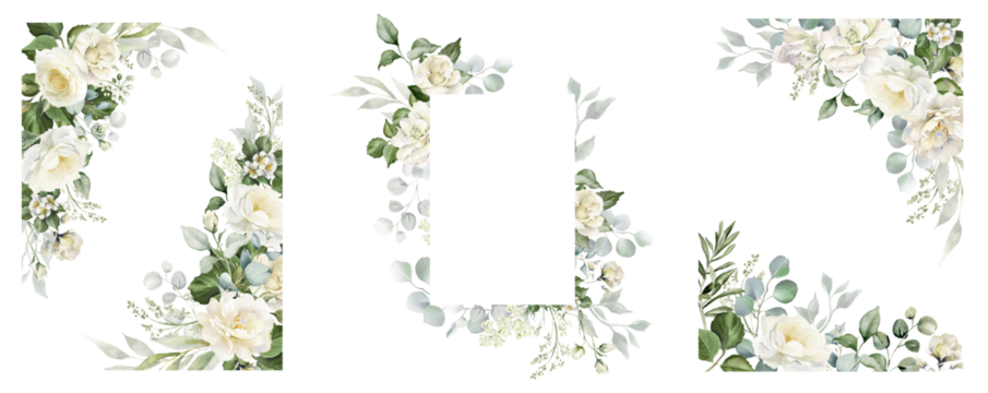 水彩白花边框套装。白玫瑰、桉树叶子。花卉背景。婚礼相框。邀请函模板。贺卡