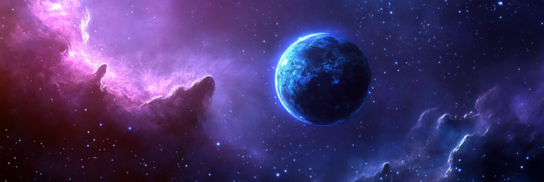 水星逆行于蓝紫背景中。太阳系中水星的视图。银河、星星和水星。横版横幅。文本预留空白空间