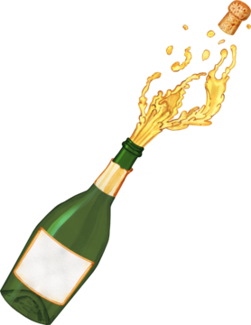 香槟酒喷射，水花四溅，软木塞，水彩插画。手绘一瓶普罗塞克或起泡酒正在被打开。孤立背景下的节日酒精饮料。