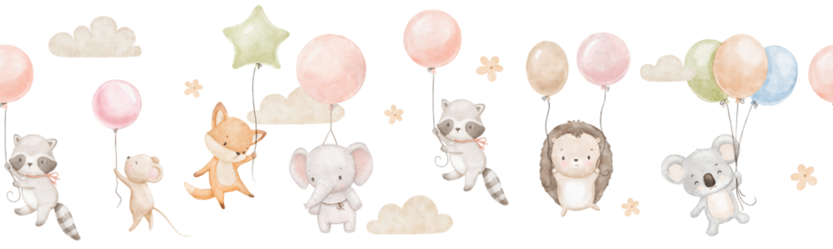 带有可爱考拉宝宝、大象和老鼠的无缝水彩边框。有趣的动物们拿着气球在云中飞翔。手绘插画集
