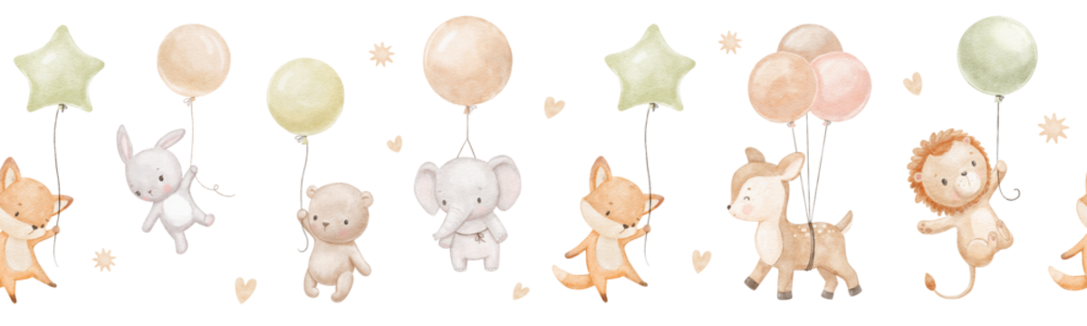 无缝水彩边框，有可爱的宝宝狐狸、大象和兔子，色彩中性。有趣的动物们带着气球在云端飞翔。手绘插画
