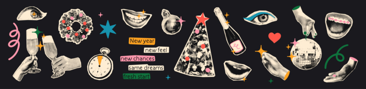 圣诞节半色调艺术拼贴剪纸套装。各种纸剪形状、带有复古点状纹理和涂鸦的新年贴纸。现代复古垃圾摇滚混合媒体矢量插图