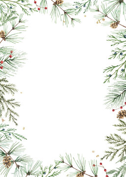圣诞绿植冷杉树枝框架。节日贺卡和邀请函的边框。水彩插画。手绘冬季植物。圣诞模板。