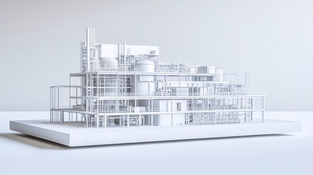 白色底座上的复杂工业设施白色建筑模型