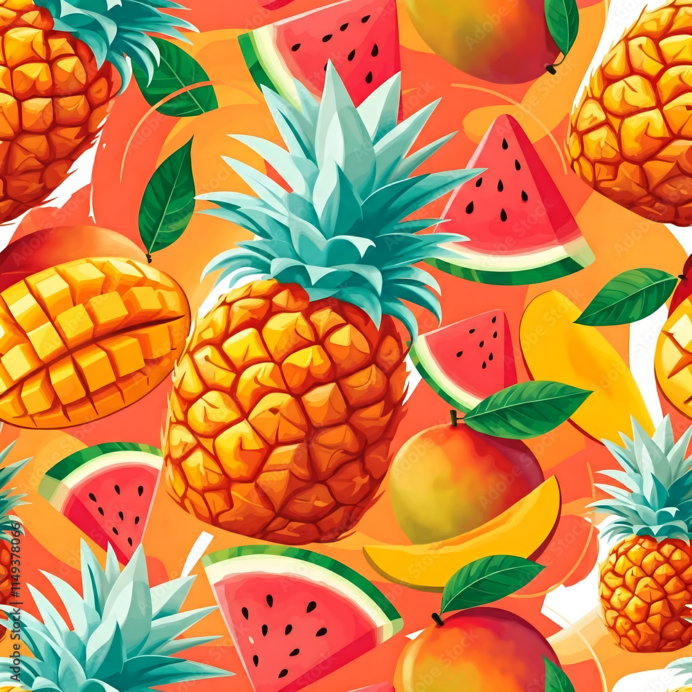 Tropical Fruit Delight: A vibrant and delicious seamless pattern featuring juicy pineapples, ripe mangoes, and refreshing watermelon slices.图片
