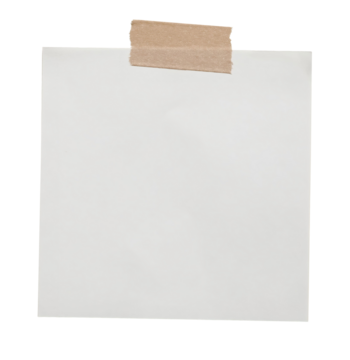 空笔记纸模型。透明背景上隔离的消息提醒卡模板。白色纸张纹理。做旧撕裂的棕色粘性和纸胶带。商务办公文具物件