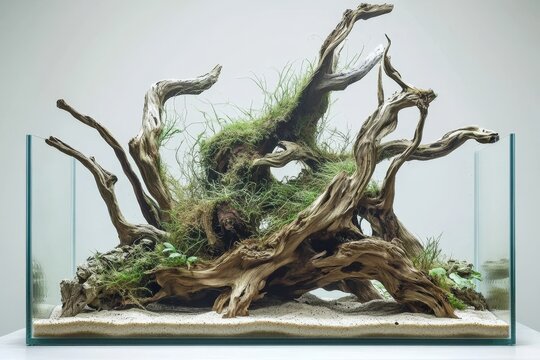 玻璃水族箱中的沉木和苔藓造景，营造自然的水下景观设计