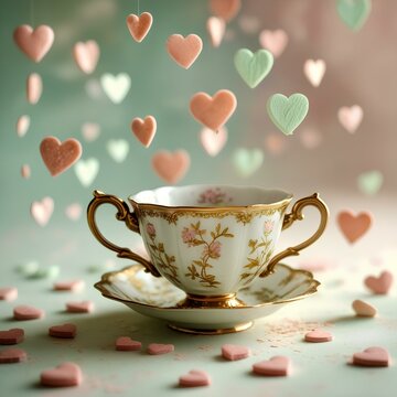 一个带有精致金色花卉图案和细长把手的华丽古董茶杯