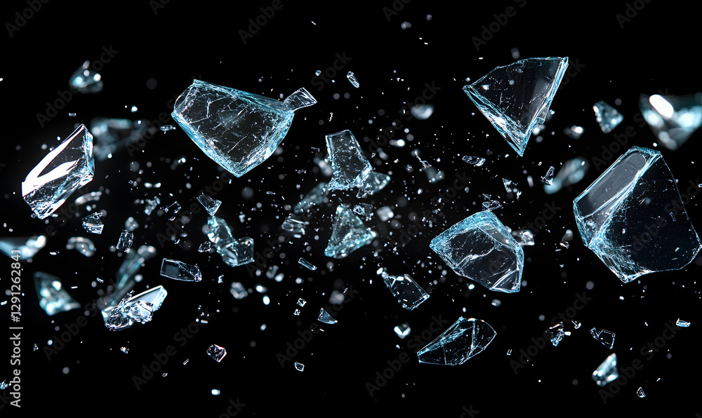 Broken glass close-up, shooting, broken glass in the air, explosion, debris, sharp, commercial, poster, backpicture, advertisement, wallpaper, background, sports, studio level shooting图片