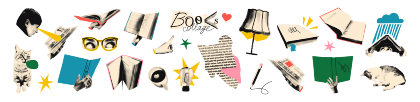 书籍半色调艺术拼贴剪纸套装。各种纸剪形状、手持打开书籍的贴纸，具有复古点状纹理和涂鸦。现代复古垃圾摇滚混合媒体矢量插图