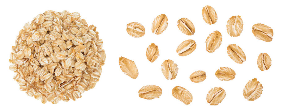 白色背景上焦深充足的燕麦片堆。顶视图。平铺
