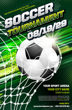 足球锦标赛海报模板，带有球和球门网