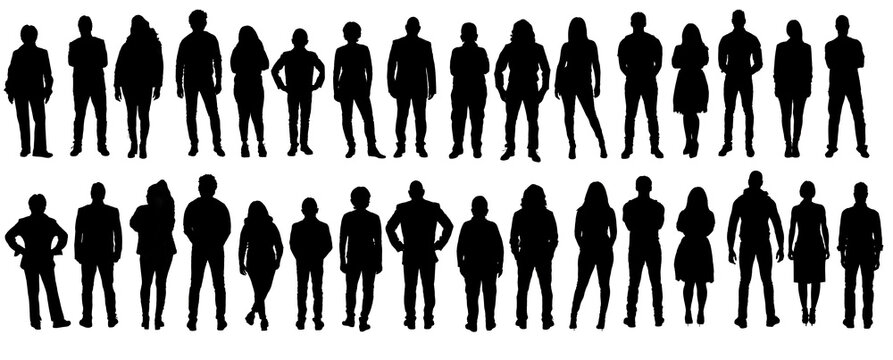 在白色背景上同一群人的正面和背面轮廓